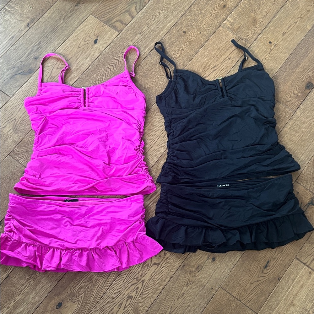 Bundle of 2 bathing suit sets/Ruched Tankini/ ruffled swim skirt w panty 4pc SzM